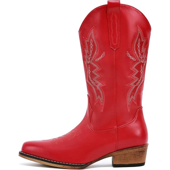 Women's Red Western Boots Cowgirl Boots Pull On Pointy Toe Mid Calf Boots - Picture 3 of 6